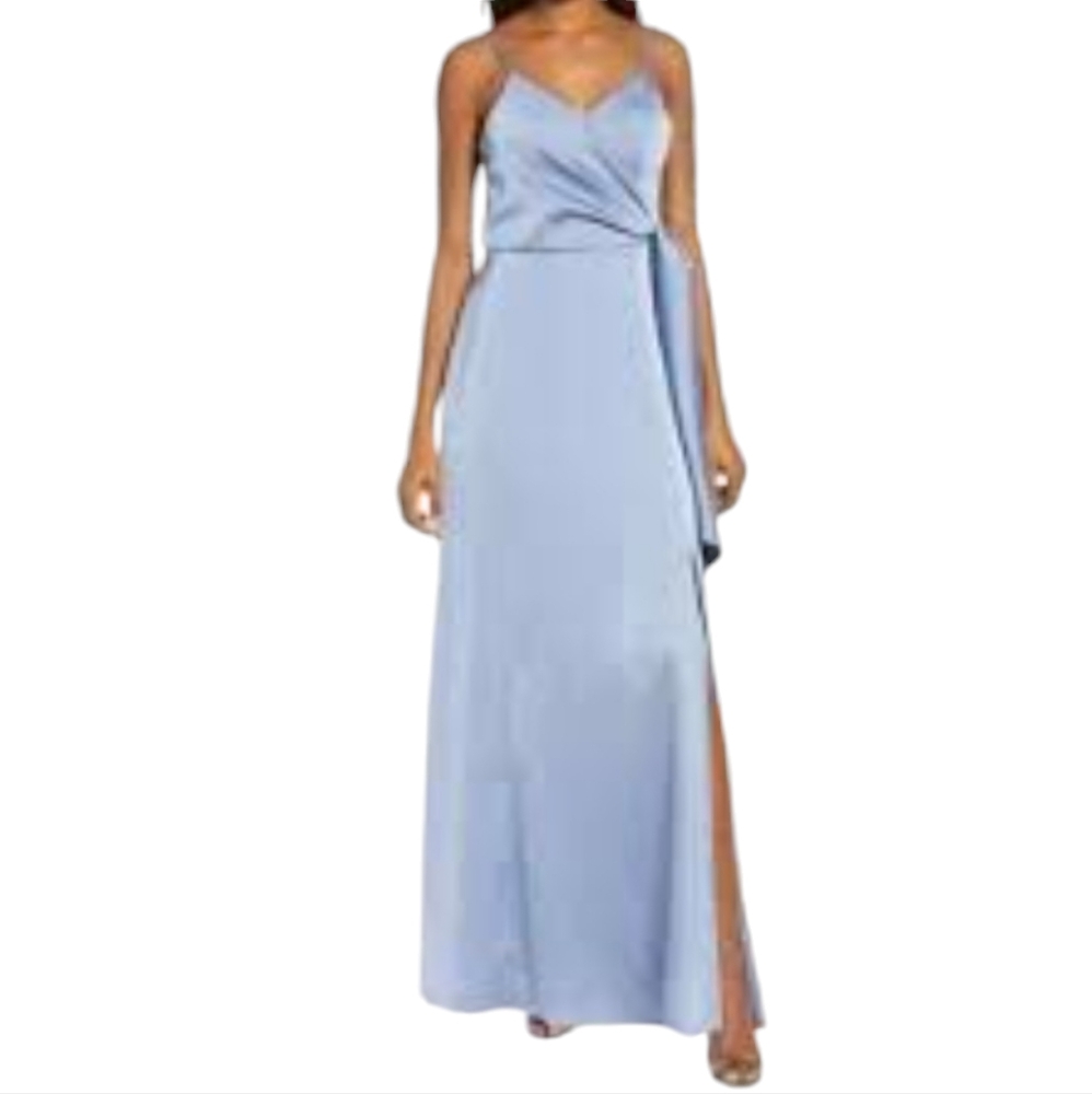NWT Chi Chi London Size 6 Light Blue Satin Spaghetti Strap Drape Side Maxi Dress